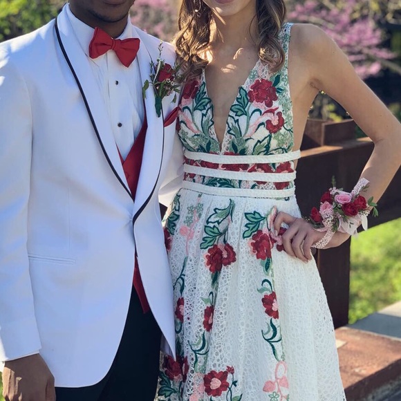 white floral embroidered prom dress
